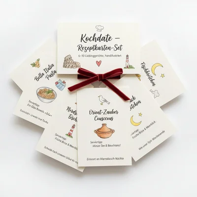 „Kochdate“-Rezeptkarten-Set handillustriert