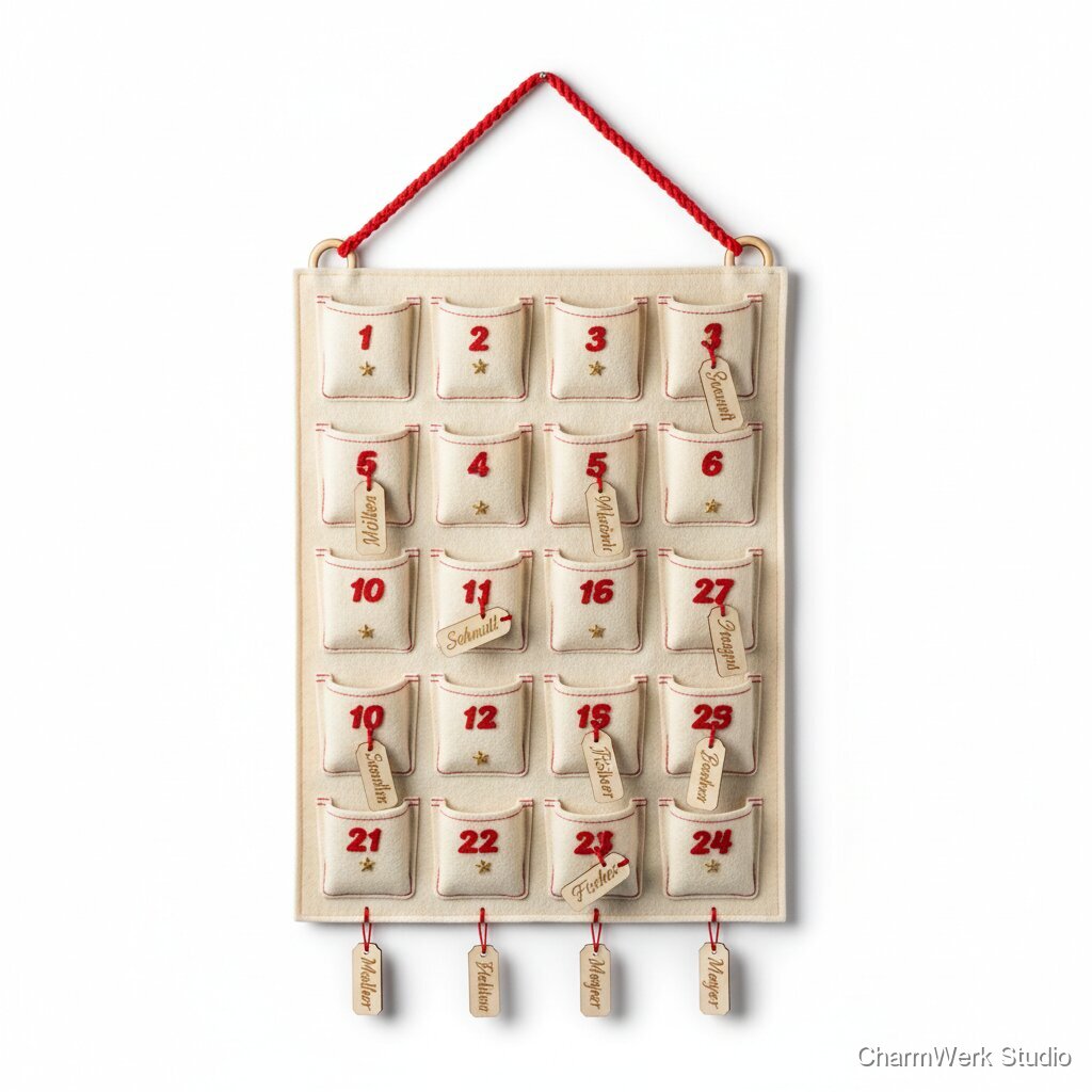 Handgenähter Filz-Adventskalender mit Namensanhängern