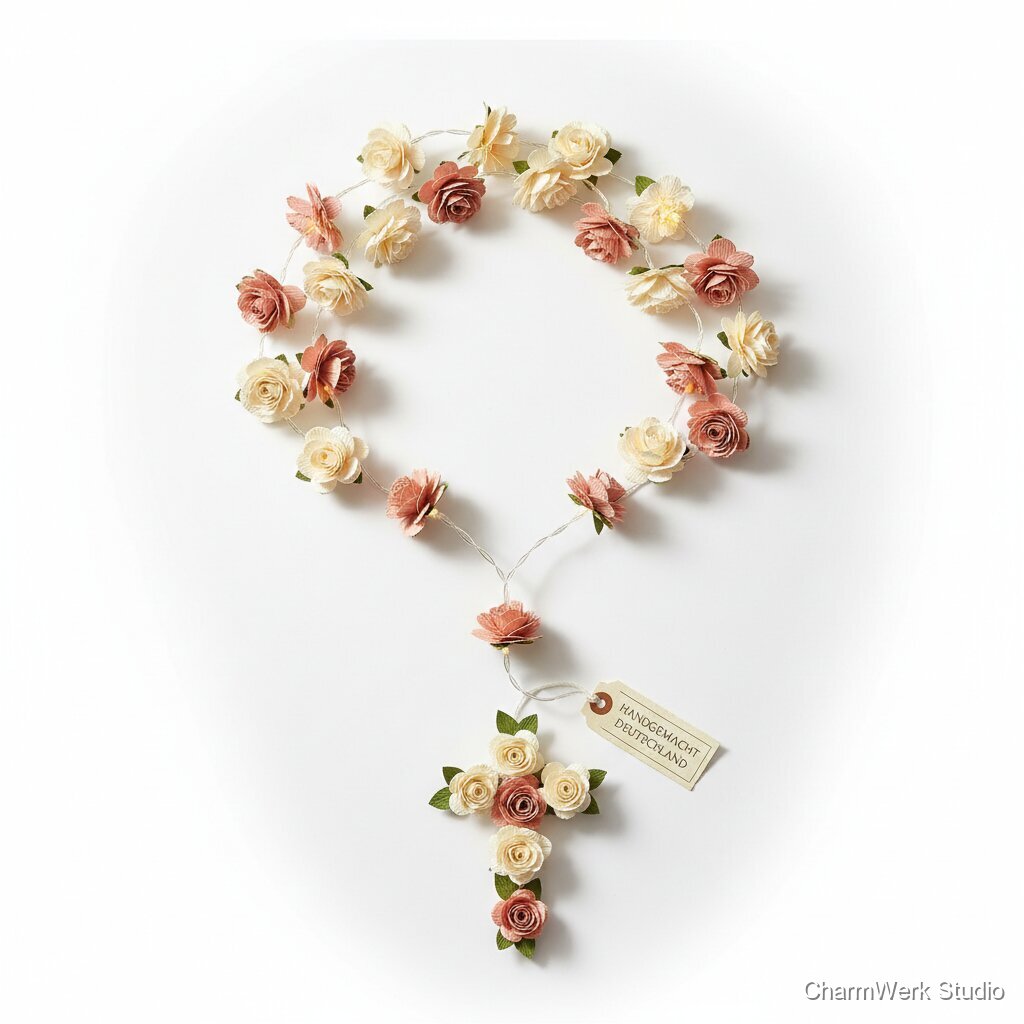 Handgemachte Rosenkranz-Lichterkette aus Papierblüten