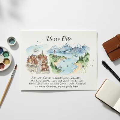 „Unsere Orte“-Aquarellkarte mit markierten Lieblingsplätzen