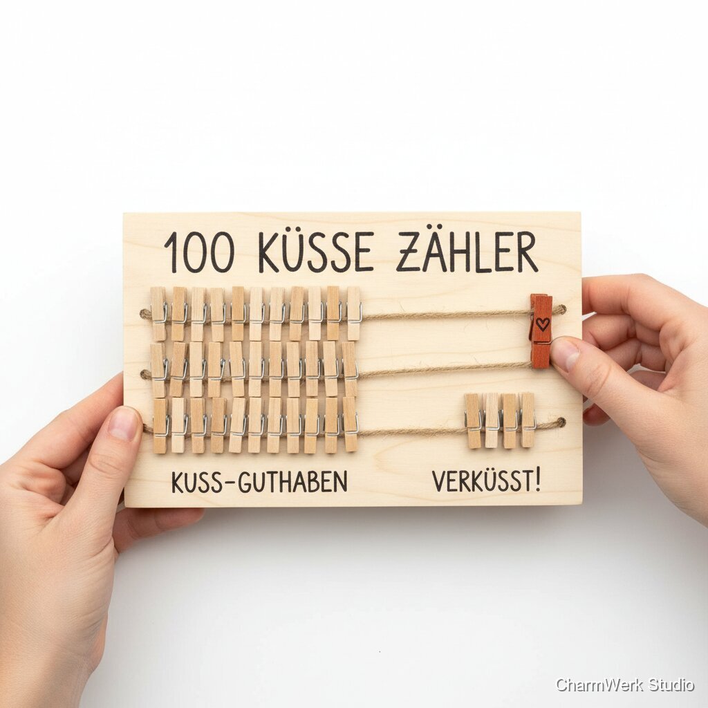 Handgebastelter „100 Küsse“-Zähler mit Holzklammern