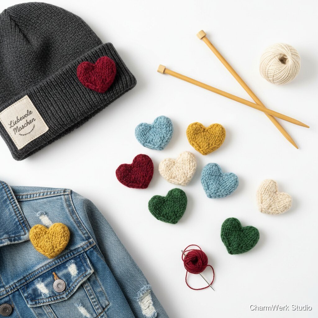 Handgestrickte Mini-Herz-Applikationen für Mütze/Jacke