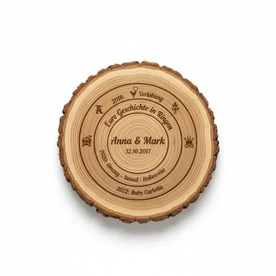 Jahresring-Holzscheibe mit Meilenstein-Gravuren