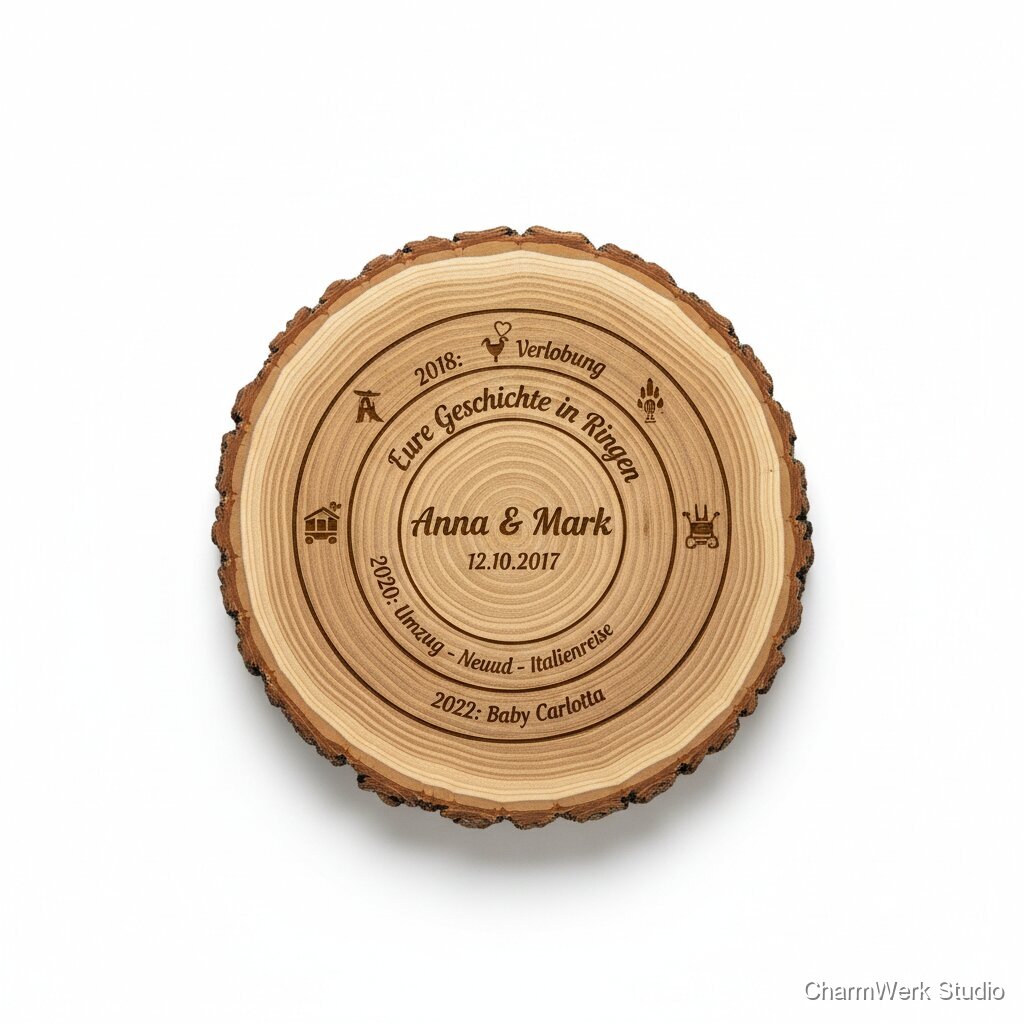 Jahresring-Holzscheibe mit Meilenstein-Gravuren