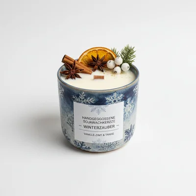 Handgegossene Sojawachskerze im winterlichen Becher