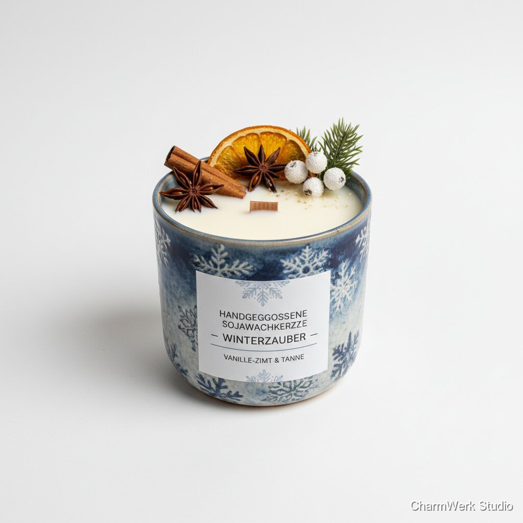 Handgegossene Sojawachskerze im winterlichen Becher