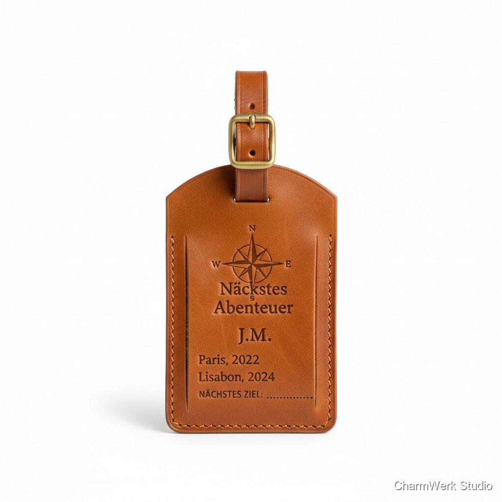 Leder-Kofferanhänger „Nächstes Abenteuer“ mit Reisezielen