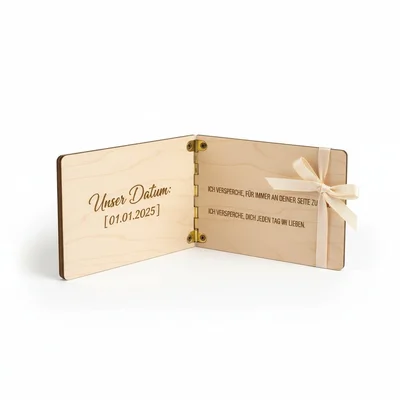 „Unsere Versprechen“ Holz-Klappkarte mit Gravur