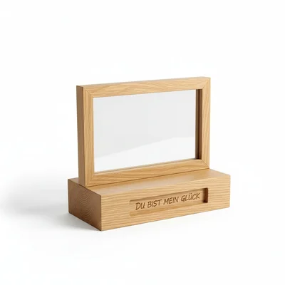 Holz-Fotoaufsteller mit versteckter Botschaft im Standfuß