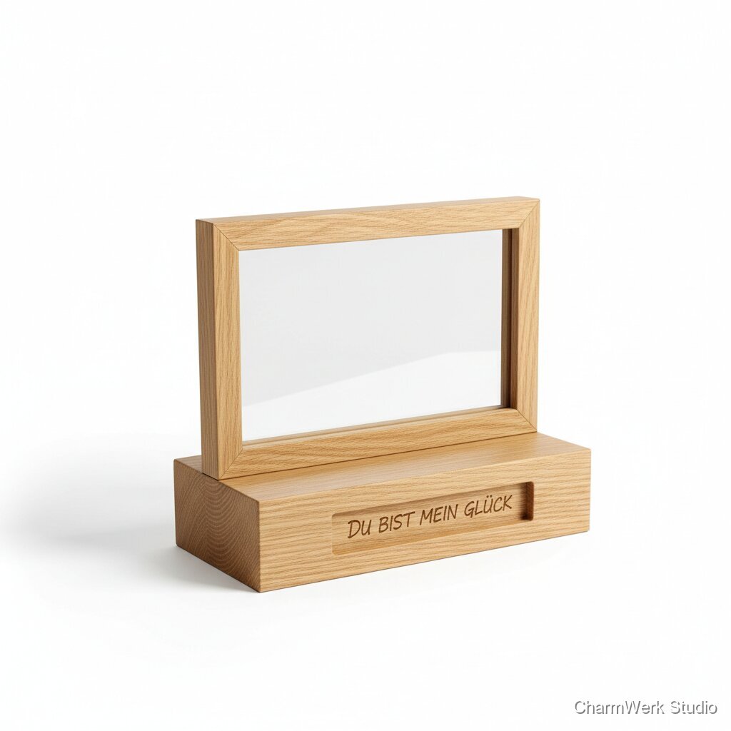 Holz-Fotoaufsteller mit versteckter Botschaft im Standfuß