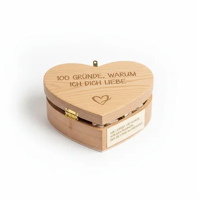 Holz-„100 Gründe“ Herzbox mit graviertem Deckel