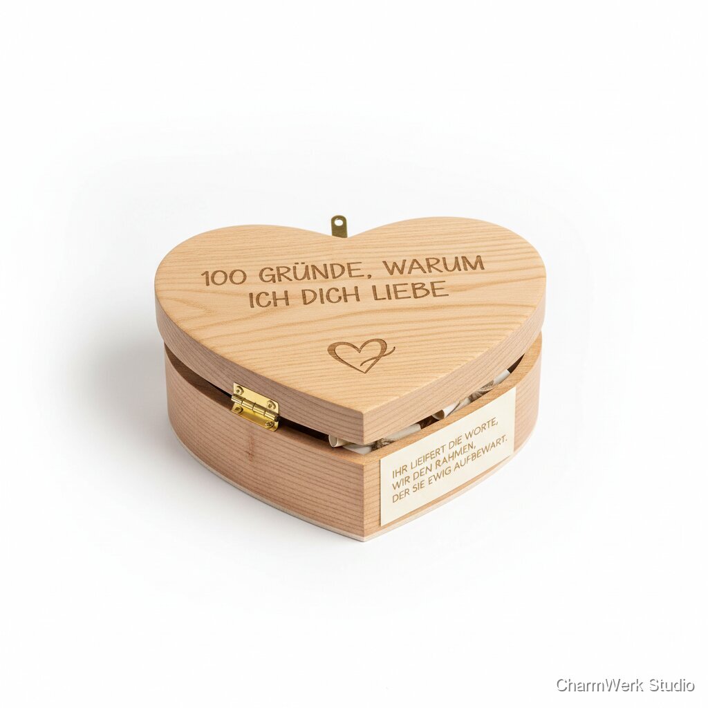 Holz-„100 Gründe“ Herzbox mit graviertem Deckel