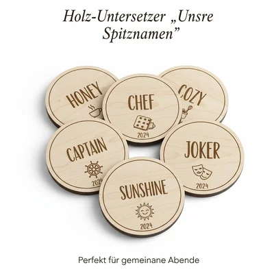 Holz-Untersetzer „Unsere Spitznamen“ im Set