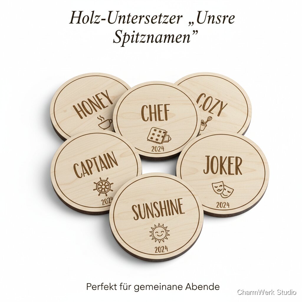 Holz-Untersetzer „Unsere Spitznamen“ im Set