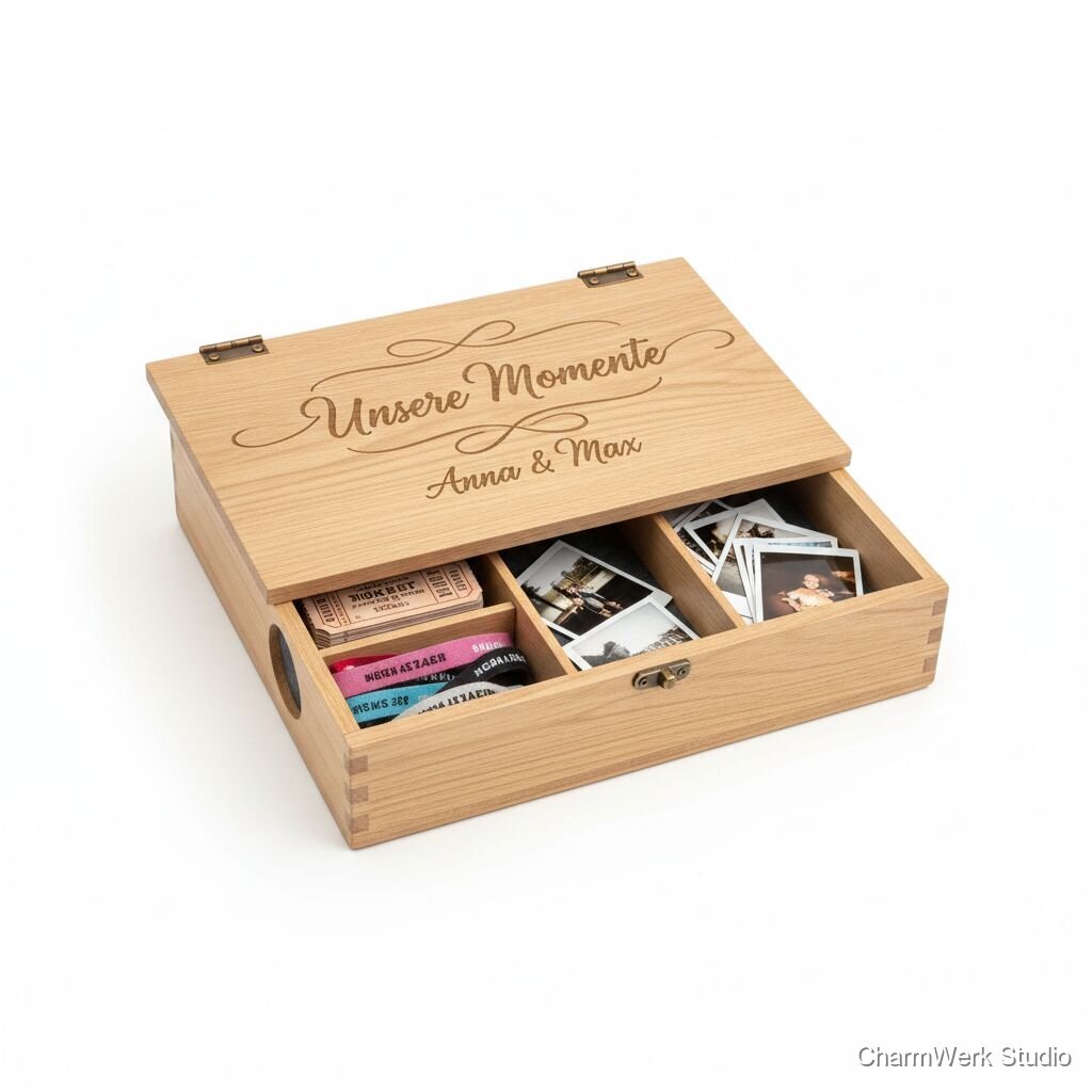 Holz-Memorybox „Tickets & Momente“ mit graviertem Deckel