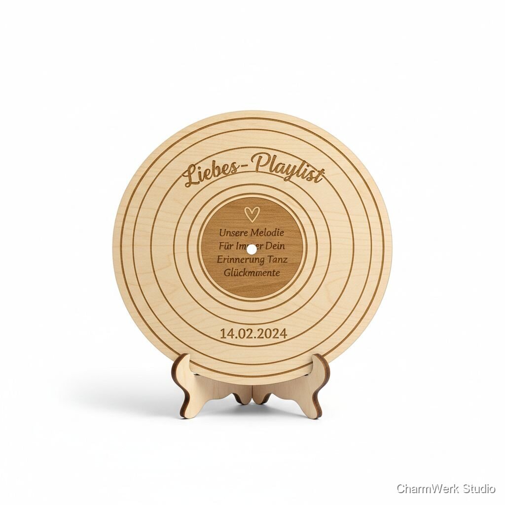 Lasergravierte „Liebes-Playlist“ als Holz-Schallplatte