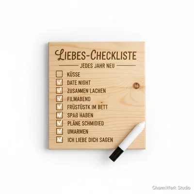 Lasergravierte „Liebes-Checkliste“ auf Holz zum Abhaken
