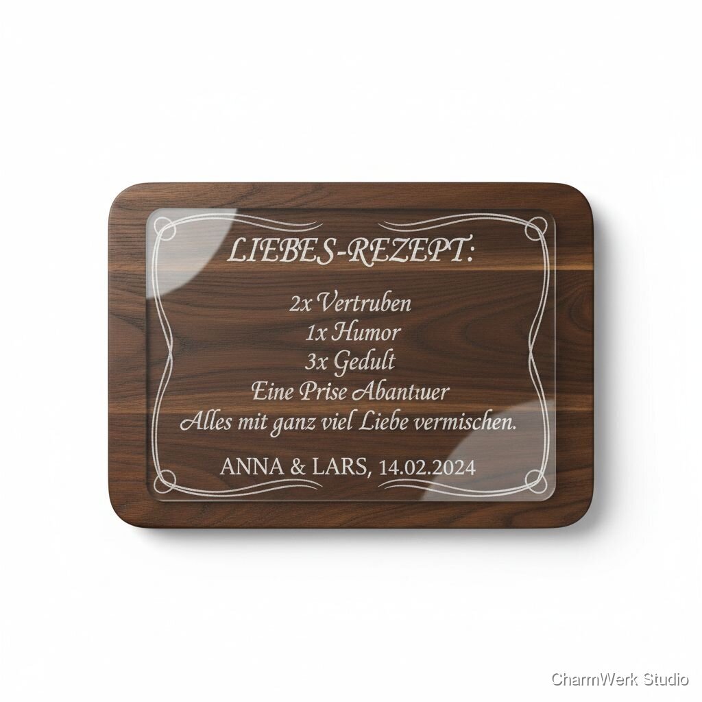 Lasergraviertes „Liebes-Rezept“ auf Acryl-Schneide-Overlay