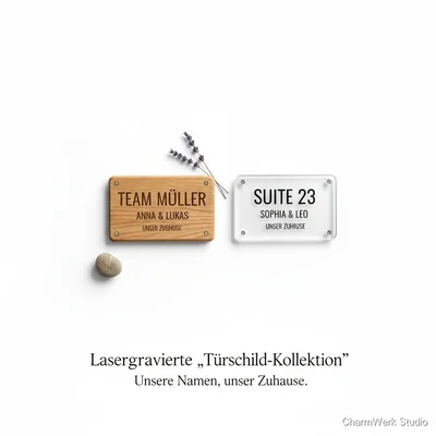 Lasergravierte „Türschild-Kollektion“: Unsere Namen, unser Zuhause