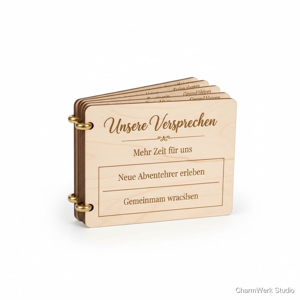 Lasergraviertes „Unsere Versprechen“-Holz-Booklet mit Schraubbinder