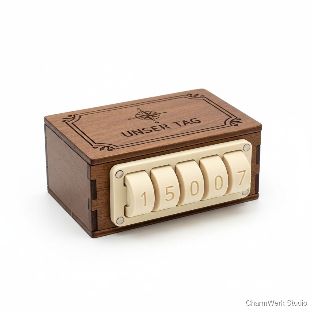 Combination: Gravierte Holzbox mit 3D-gedrucktem „Zahlenschloss“-Code