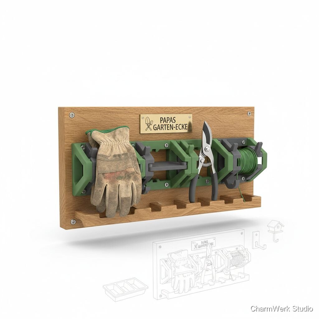 Garten-Tool-Station mit 3D-Steckmodulen und Gravur