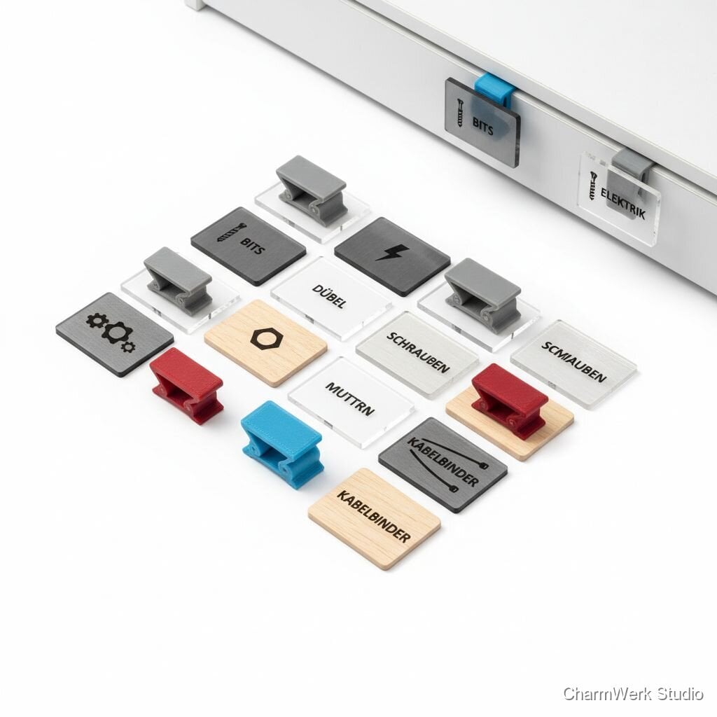 Werkzeugkoffer-Labelset aus Gravurplättchen mit 3D-Clips