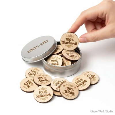 Gravierte „100%-Du“-Komplimente-Token aus Holz