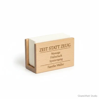 Gravierter Holz-Gutscheinblockhalter „Zeit statt Zeug“