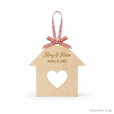 Graviertes Holz-„Herz & Heim“-Hausornament