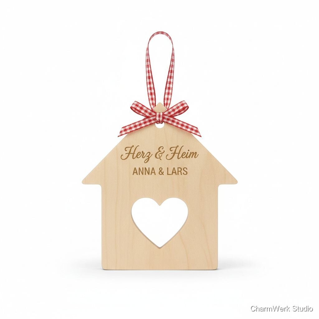 Graviertes Holz-„Herz & Heim“-Hausornament