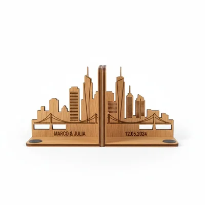 Buchstützen-Paar mit Skyline oder Bergprofil