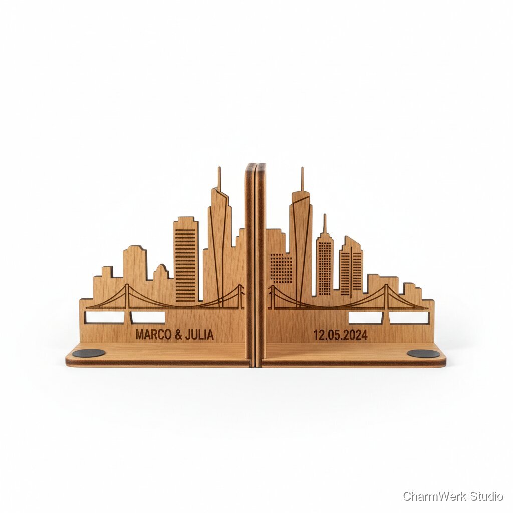 Buchstützen-Paar mit Skyline oder Bergprofil