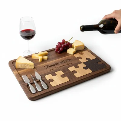 Wein- und Käse-Servierboard mit Puzzle-Untersetzern