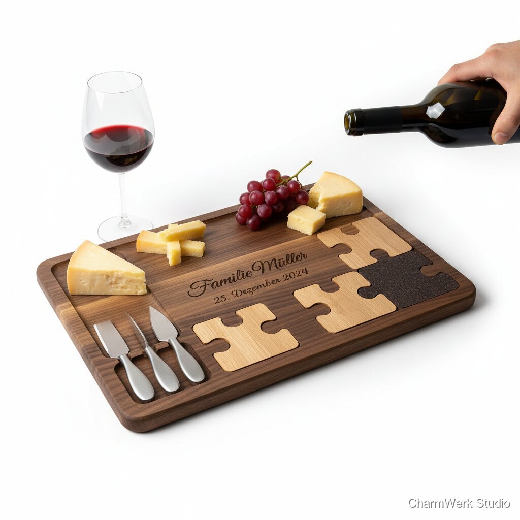 Wein- und Käse-Servierboard mit Puzzle-Untersetzern