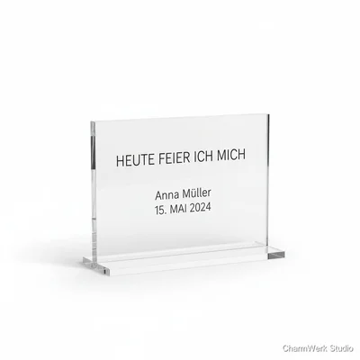 Acryl-Schreibtischaufsteller „Heute feier ich mich“ mit Datum