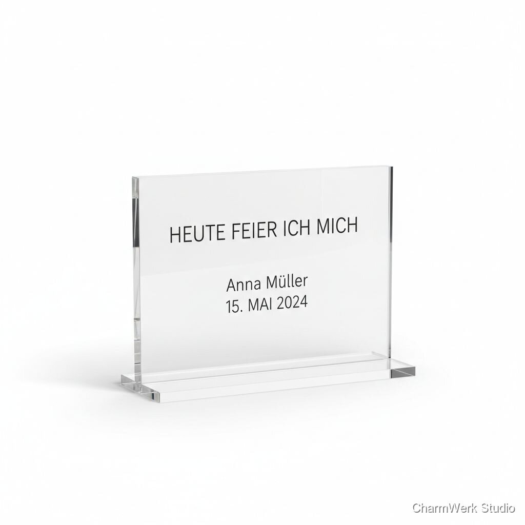 Acryl-Schreibtischaufsteller „Heute feier ich mich“ mit Datum