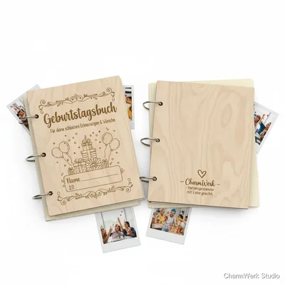 Kombi: Holz-„Geburtstagsbuch“-Cover für Erinnerungsseiten