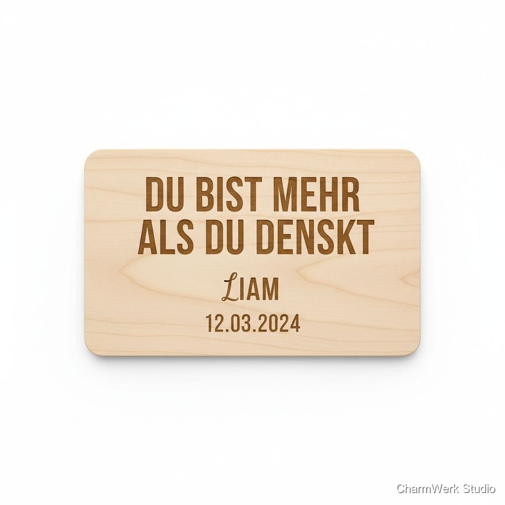 Lasergravierte „Mutmach“-Karte auf Holz im Postkartenformat