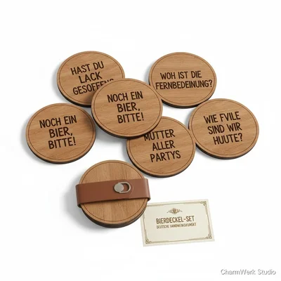 Lasergravierte „Bierdeckel-Set“ mit Insider-Sprüchen