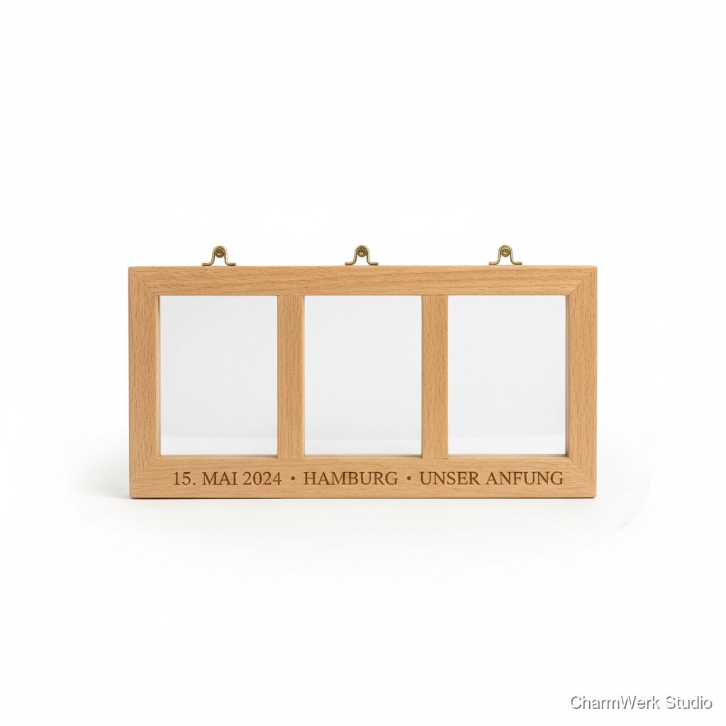 Kombi: „Foto-Triptychon“ aus Holzrahmen mit Gravur unten