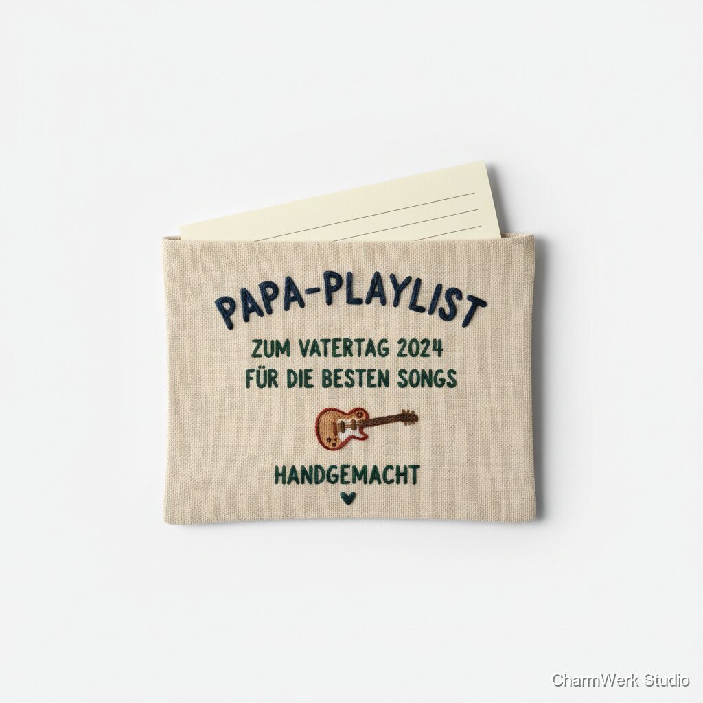 „Papa-Playlist“ – handbesticktes Stoffcover für Gutschein