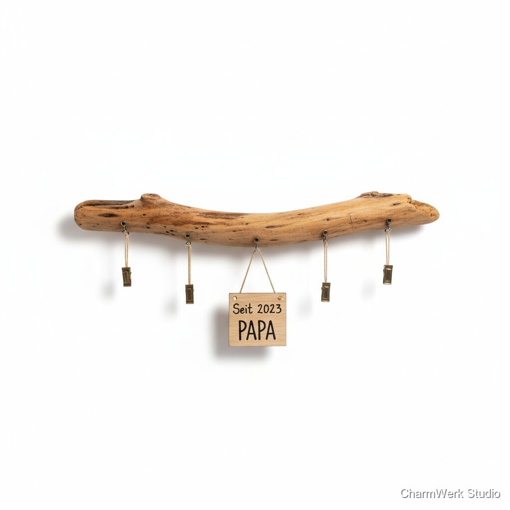 Fotoleiste aus Treibholz mit Klammern und Datumsschild