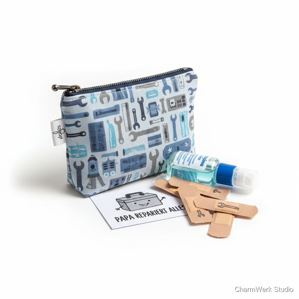 Handgemachtes „Papa-Pflaster“-Set in genähter Stofftasche