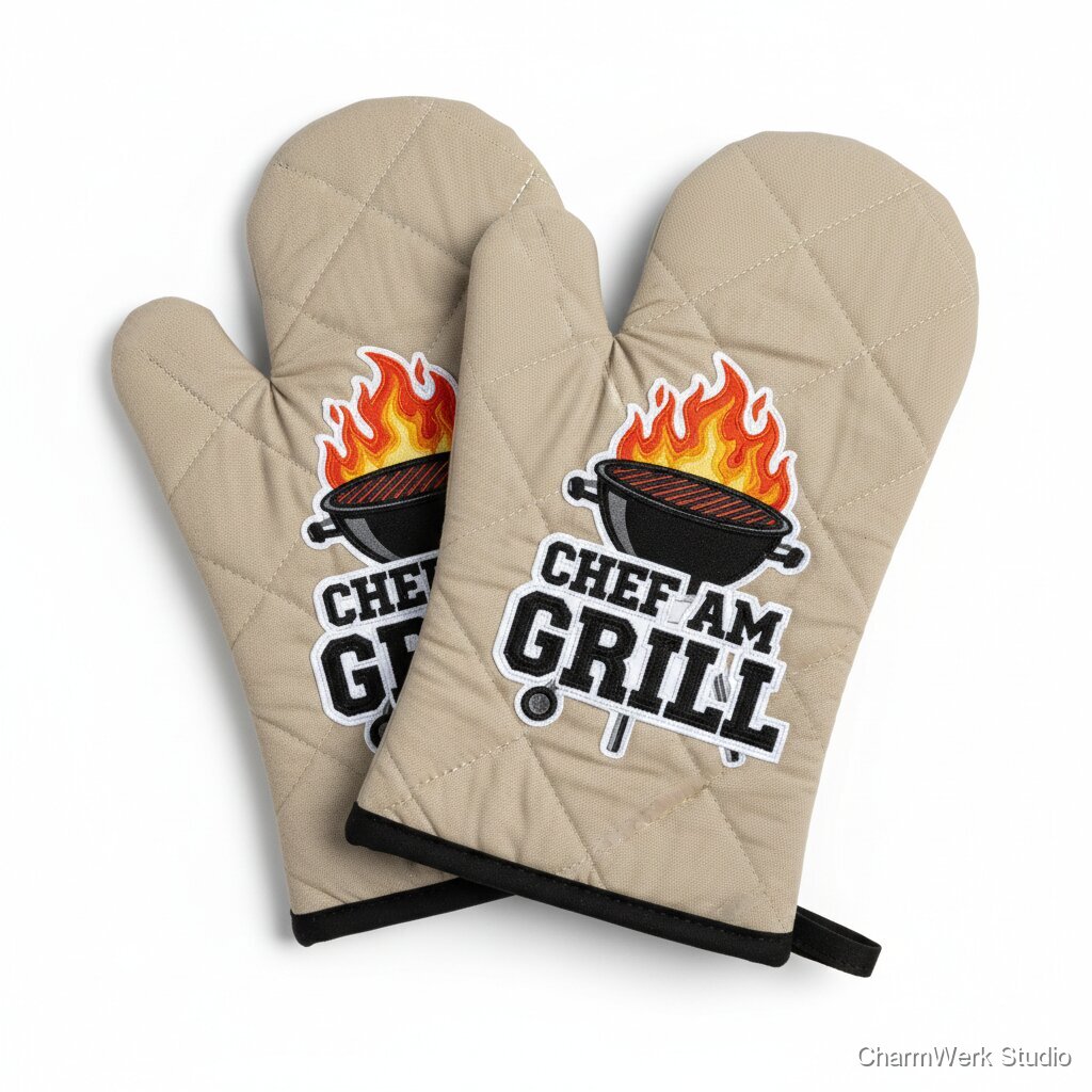 Handgenähte Ofenhandschuh-Set im „Papa grillt“-Look