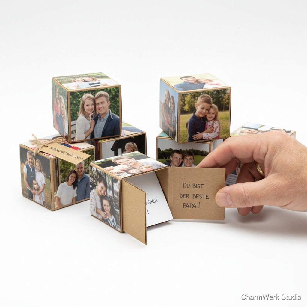 Handgemachte Fotowürfel aus Karton mit versteckten Botschaften