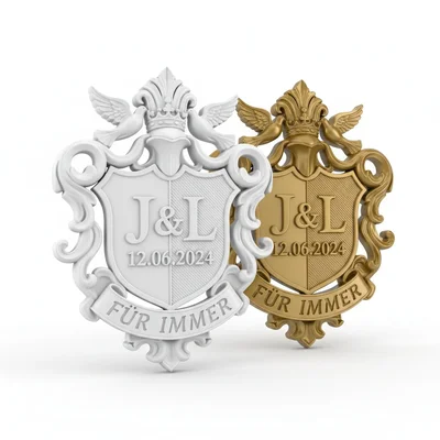 3D-gedrucktes Hochzeitswappen als Wandrelief