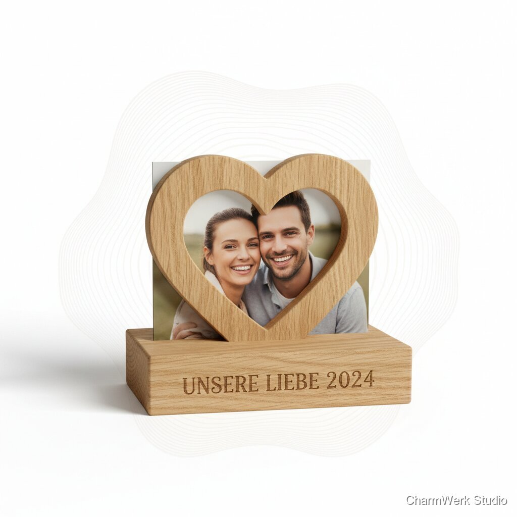 Personalisierter Fotoaufsteller mit Herz-Nut und Jahresring-Optik