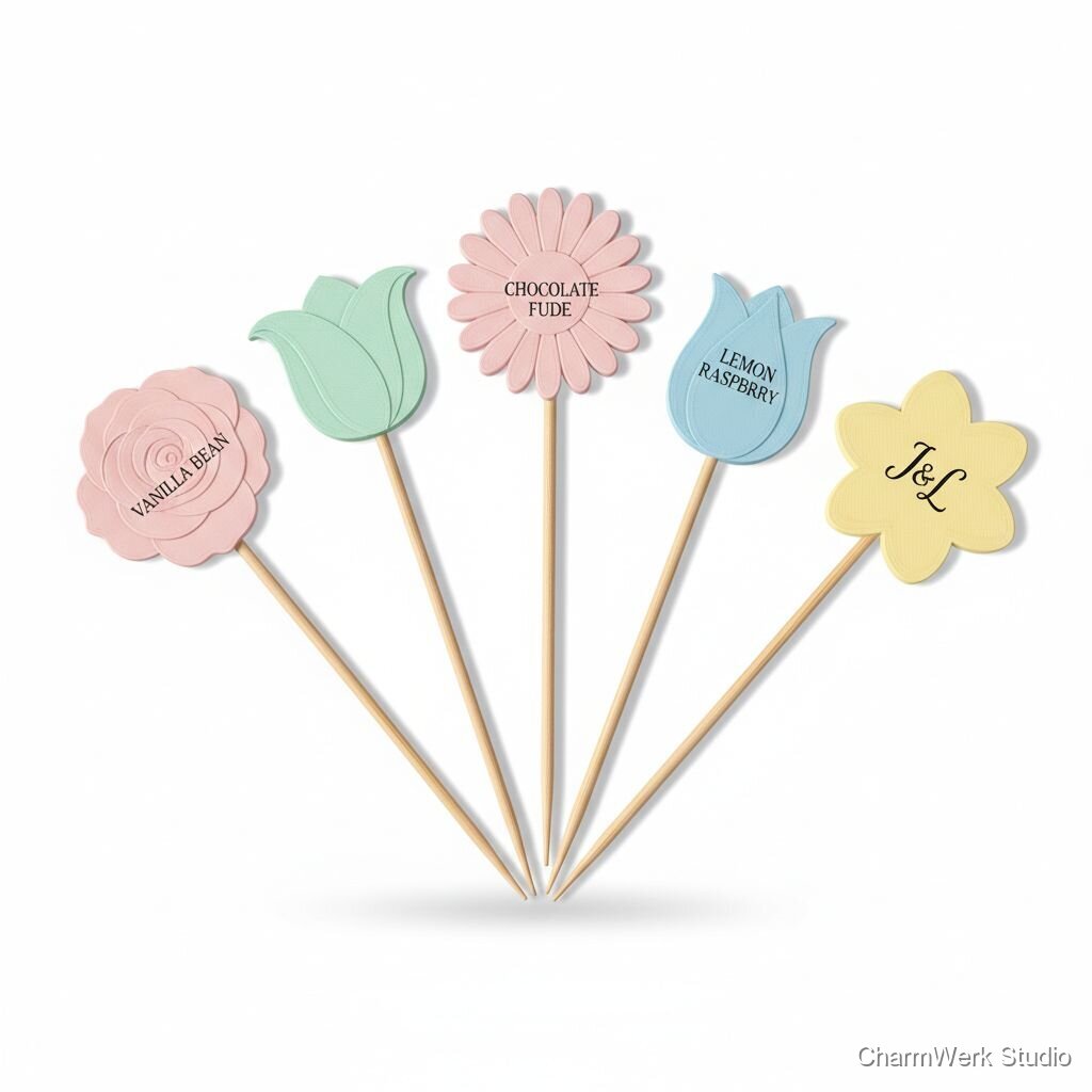 3D-gedruckte Dessert-Label in Blumenform (Set)