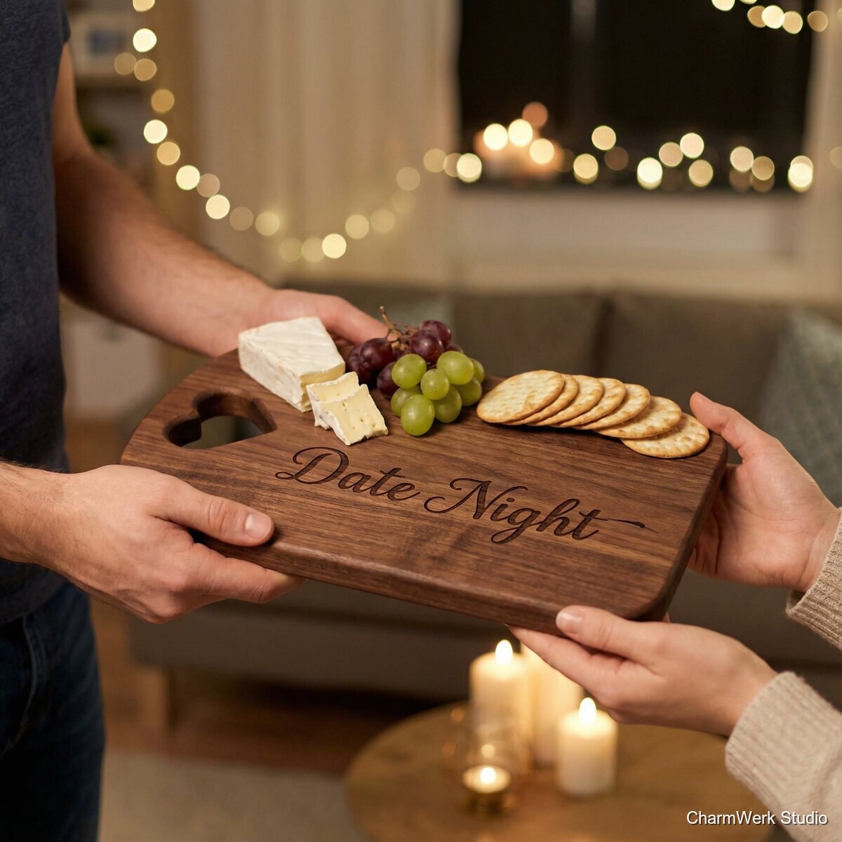 CNC-Servierbrett „Date Night“ mit Herzgriff - Lifestyle